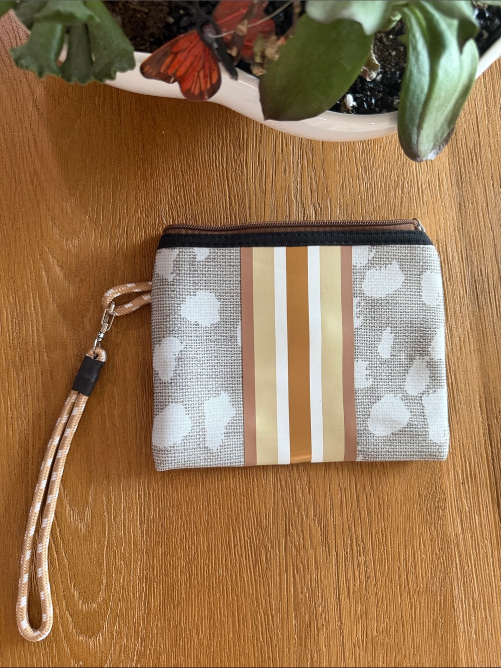 Wristlet Pouch in Beige and Brown Stripes